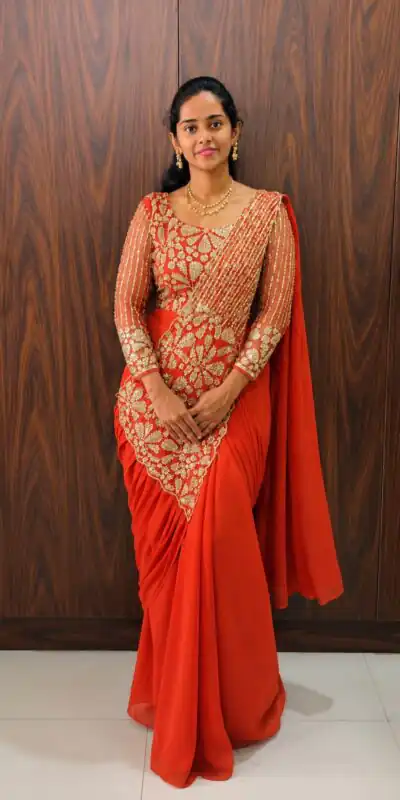ST 1201 Orange in Faux Georgette Zari Work & Embroidery Work Saree. Special Price ₹1899. Delivery 4-6 Working Days. Shop now. | Bollywood Sarees, Creative Sarees, Designer Sarees, Embroidered Sarees, Ethnic Saree, Modern Digital sarees, Party Wear Sarees, Sarees