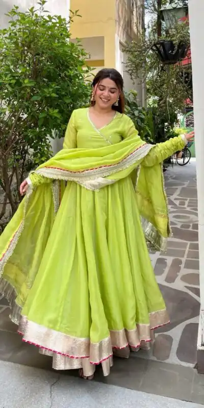 RTC 6048 Parrot Green | Parrot Tabby Organza Silk Gown with Hand Work & Mirror Work. Special Price ₹2549. Delivery 4-6 Working Days. Shop now. | Bollywood Gowns, Creative Gowns, Designer Gowns, Embroidered Gowns, Gowns, Party Wear Gowns