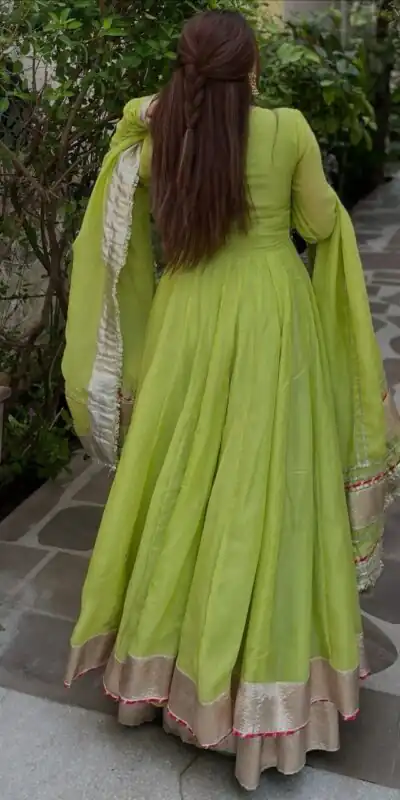 RTC 6048 Parrot Green | Parrot Tabby Organza Silk Gown with Hand Work & Mirror Work. Special Price ₹2549. Delivery 4-6 Working Days. Shop now. | Bollywood Gowns, Creative Gowns, Designer Gowns, Embroidered Gowns, Gowns, Party Wear Gowns