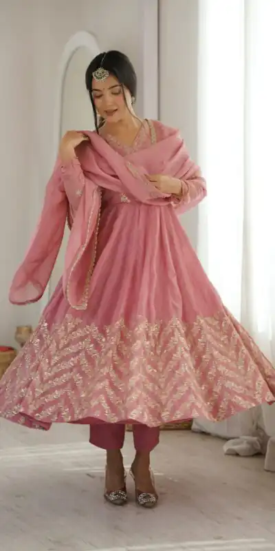 JF 050 Peach Embroidery Work & Sequins Work Salwar Suit in Peach Crunchy Silk. Festive Deal ₹2099. Delivery 4-6 Working Days. Shop now. | Anarkali Suits, Bollywood Anarkali, Creative-Anarkali, Designer Anarkali, Embroidered Anarkali, Party Wear Anarkali