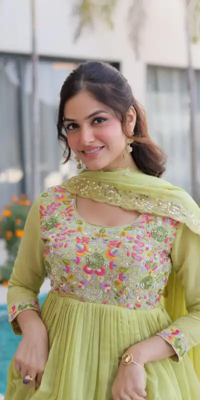 KA 1239 Pista Roman Silk Gown Perfect for Wedding, Party, Reception, Karwa Chauth, Baby Shower – . Now at just ₹2599. Delivery 4-6 Working Days. Shop | Bollywood Gowns, Casual Suits, Creative Gowns, Designer Gowns, Embroidered Gowns, Gowns, Party Wear Gowns