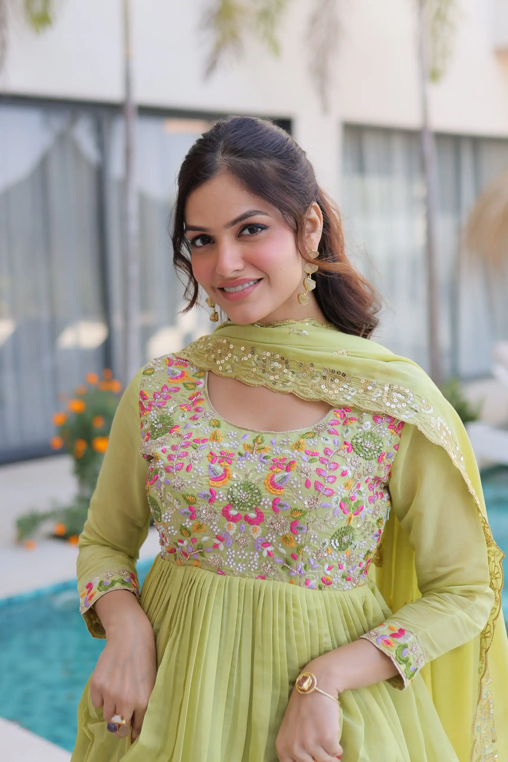KA 1239 Pista Roman Silk Gown Perfect for Wedding, Party, Reception, Karwa Chauth, Baby Shower – . Now at just ₹2599. Delivery 4-6 Working Days. Shop | Bollywood Gowns, Casual Suits, Creative Gowns, Designer Gowns, Embroidered Gowns, Gowns, Party Wear Gowns