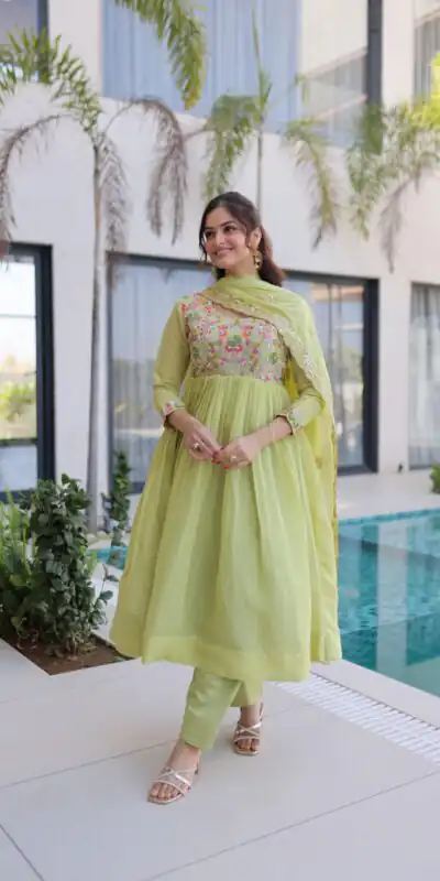 KA 1239 Pista Roman Silk Gown Perfect for Wedding, Party, Reception, Karwa Chauth, Baby Shower – . Now at just ₹2599. Delivery 4-6 Working Days. Shop | Bollywood Gowns, Casual Suits, Creative Gowns, Designer Gowns, Embroidered Gowns, Gowns, Party Wear Gowns