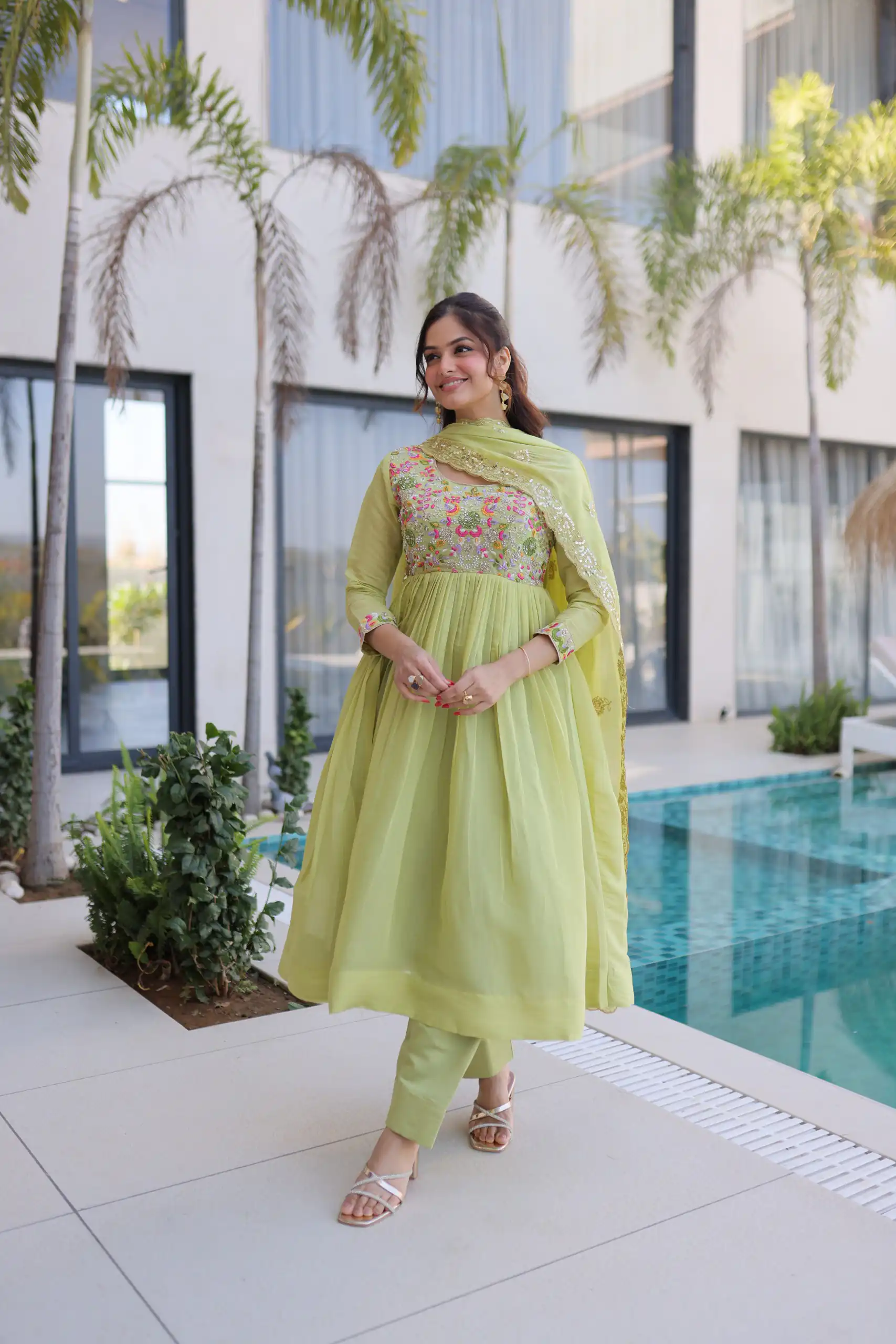 KA 1239 Pista Roman Silk Gown Perfect for Wedding, Party, Reception, Karwa Chauth, Baby Shower – . Now at just ₹2599. Delivery 4-6 Working Days. Shop | Bollywood Gowns, Casual Suits, Creative Gowns, Designer Gowns, Embroidered Gowns, Gowns, Party Wear Gowns