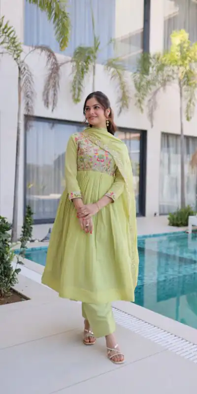 KA 1239 Pista Roman Silk Gown Perfect for Wedding, Party, Reception, Karwa Chauth, Baby Shower – . Now at just ₹2599. Delivery 4-6 Working Days. Shop | Bollywood Gowns, Casual Suits, Creative Gowns, Designer Gowns, Embroidered Gowns, Gowns, Party Wear Gowns