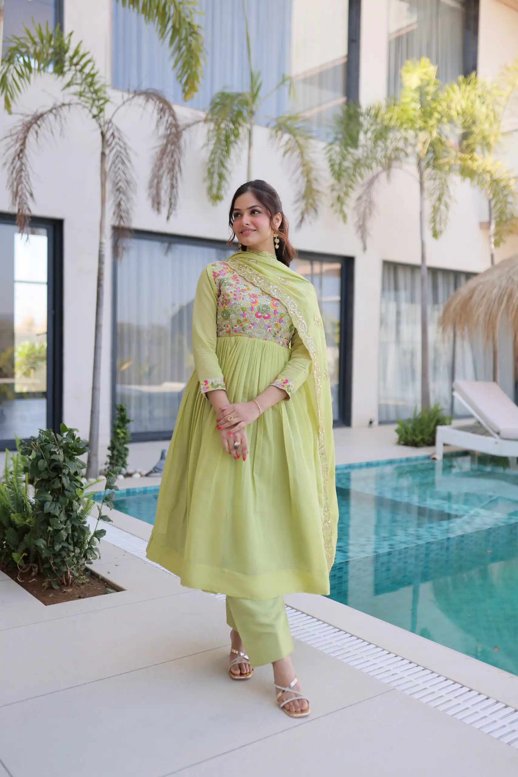 KA 1239 Pista Roman Silk Gown Perfect for Wedding, Party, Reception, Karwa Chauth, Baby Shower – . Now at just ₹2599. Delivery 4-6 Working Days. Shop | Bollywood Gowns, Casual Suits, Creative Gowns, Designer Gowns, Embroidered Gowns, Gowns, Party Wear Gowns