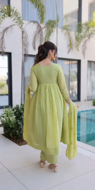 KA 1239 Pista Roman Silk Gown Perfect for Wedding, Party, Reception, Karwa Chauth, Baby Shower – . Now at just ₹2599. Delivery 4-6 Working Days. Shop | Bollywood Gowns, Casual Suits, Creative Gowns, Designer Gowns, Embroidered Gowns, Gowns, Party Wear Gowns