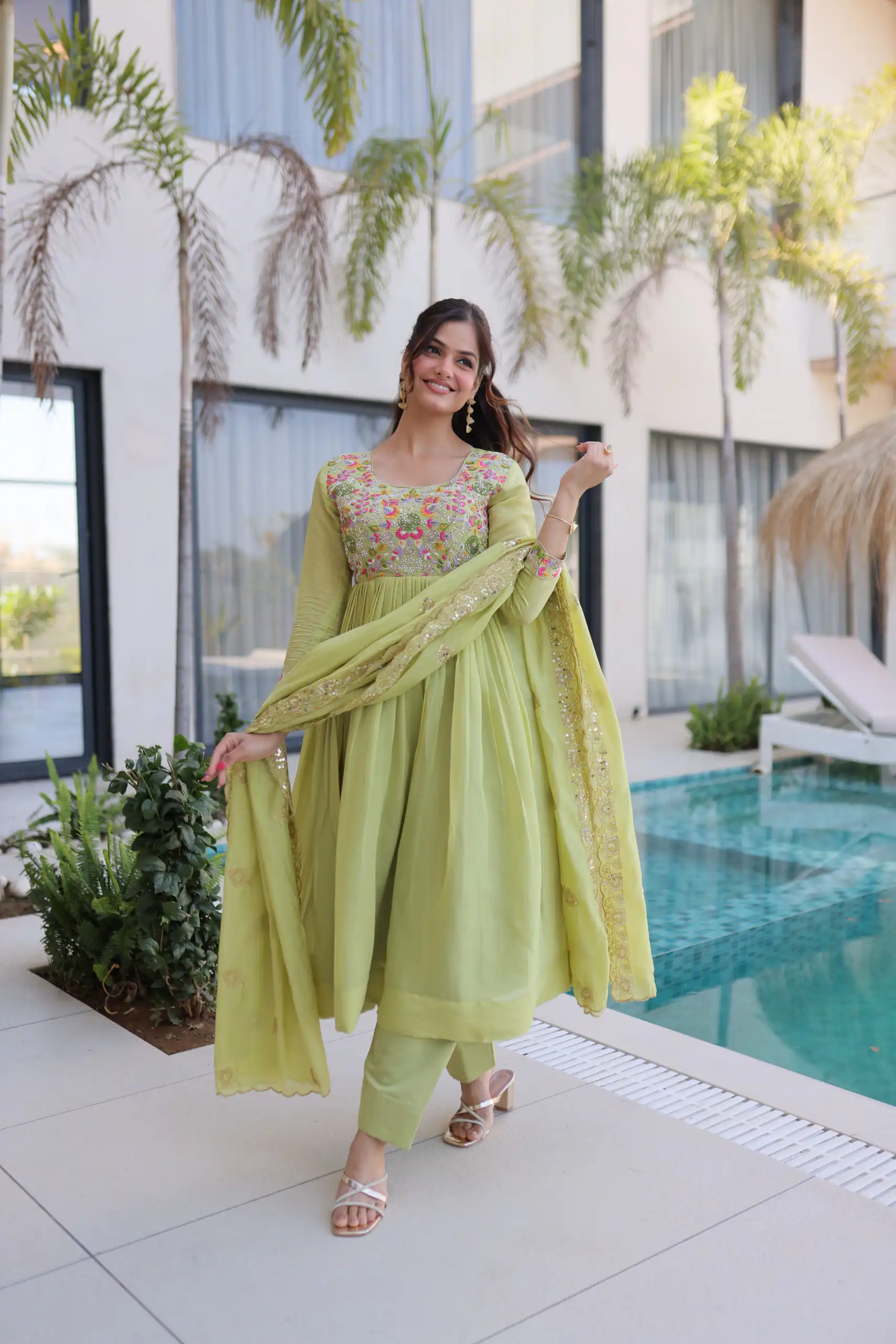 KA 1239 Pista Roman Silk Gown Perfect for Wedding, Party, Reception, Karwa Chauth, Baby Shower – . Now at just ₹2599. Delivery 4-6 Working Days. Shop | Bollywood Gowns, Casual Suits, Creative Gowns, Designer Gowns, Embroidered Gowns, Gowns, Party Wear Gowns