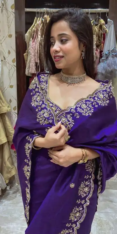 BT 398 Purple Purple Vichitra Silk Saree. Perfect for Wedding, Party, Holi, Anniversary, Engagement – Affordable Price ₹1799. Delivery 4-6 Working Days. | Bollywood Sarees, Creative Sarees, Designer Sarees, Embroidered Sarees, Ethnic Saree, Modern Digital sarees, Party Wear Sarees, Sarees