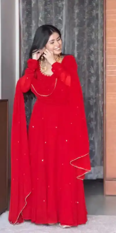 ZC 10023 Red Fox Georgette Gown Perfect for Wedding, Party, Makar Sankranti, Festival Celebrations, Engagement –. Grab it for ₹1999. Delivery 4-6 Worki | Bollywood Gowns, Creative Gowns, Designer Gowns, Embroidered Gowns, Gowns, Party Wear Gowns