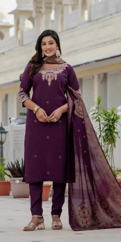 DIVA 125 | Wine Roman Silk Salwar Suit with Sequins Work & Embroidery Work. Available at ₹1799 only. Delivery 4-6 Working Days. Shop now. | Jump Suits, Straight Suits, Casual Suits, Creative suits, Designer Suits, Palazzo Suits, Party Wear Suits, Patiala Suits, Salwar suit