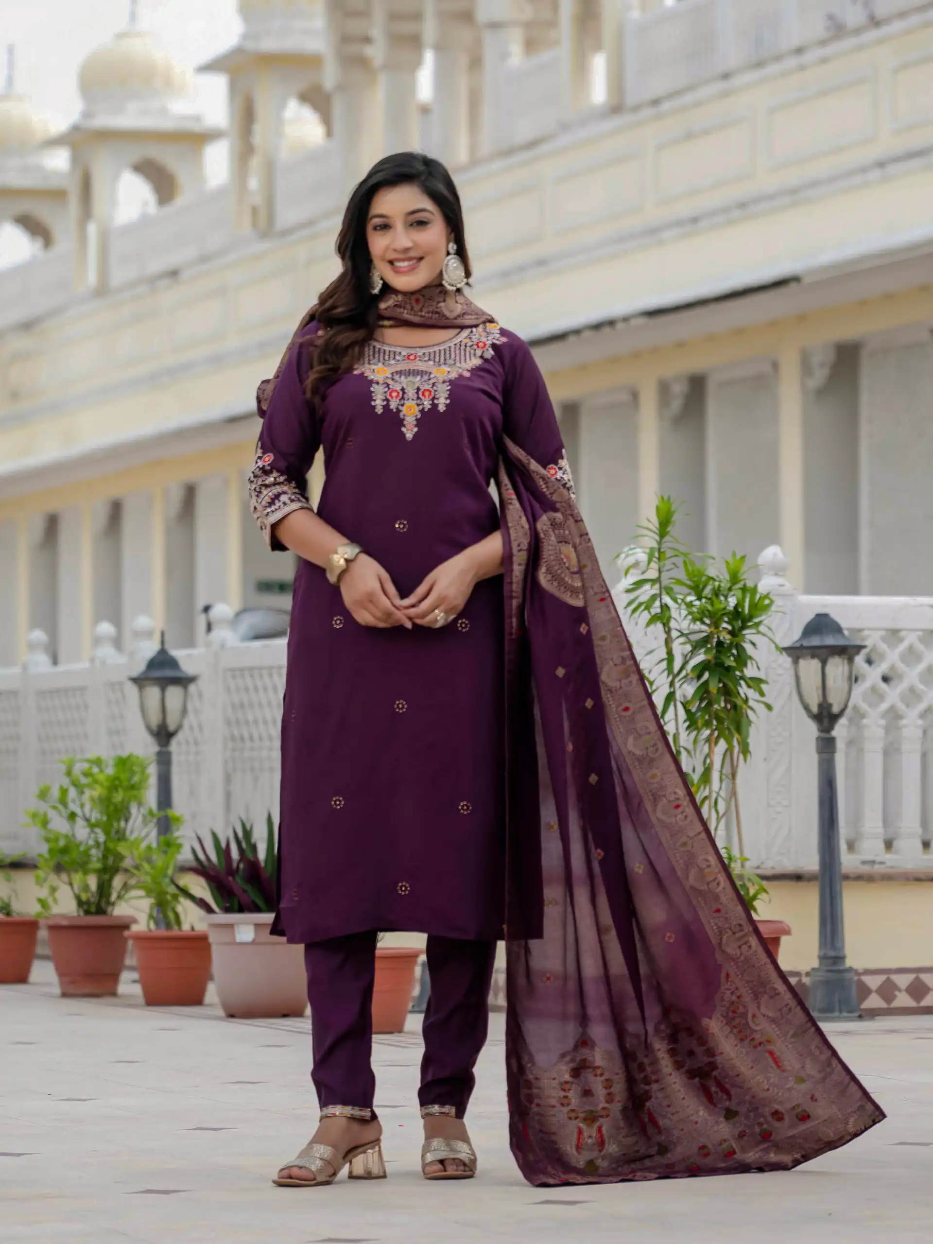 DIVA 125 | Wine Roman Silk Salwar Suit with Sequins Work & Embroidery Work. Available at ₹1799 only. Delivery 4-6 Working Days. Shop now. | Jump Suits, Straight Suits, Casual Suits, Creative suits, Designer Suits, Palazzo Suits, Party Wear Suits, Patiala Suits, Salwar suit