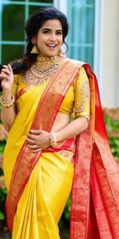 KP 2092 Yellow Color Yellow Soft Lichi Silk Saree with Jacquard Work. Best Price ₹1449. Delivery 4-6 Working Days. Shop now. | Bollywood Sarees, Creative Sarees, Designer Sarees, Embroidered Sarees, Ethnic Saree, Modern Digital sarees, Party Wear Sarees, Sarees