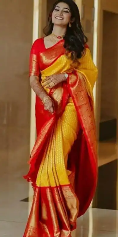 KP 2092 Yellow Color Yellow Soft Lichi Silk Saree with Jacquard Work. Best Price ₹1449. Delivery 4-6 Working Days. Shop now. | Bollywood Sarees, Creative Sarees, Designer Sarees, Embroidered Sarees, Ethnic Saree, Modern Digital sarees, Party Wear Sarees, Sarees
