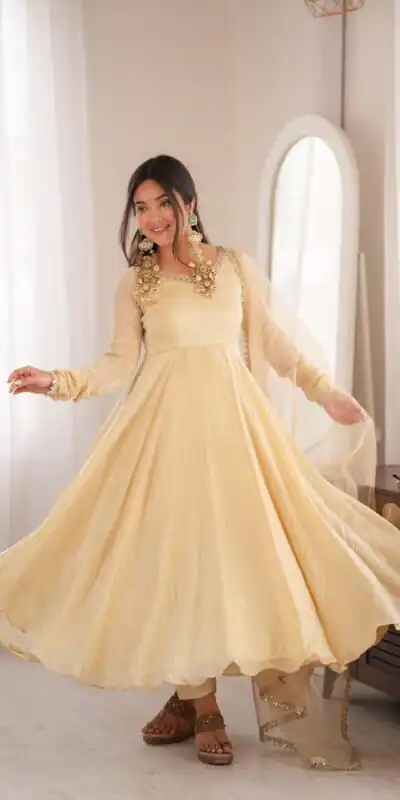 SRK 5355 Off White Doremon Crush Gown with Lace Work & Mirror Work. Exclusive Offer ₹2099. Delivery 4-6 Working Days. Shop now. | Bollywood Gowns, Creative Gowns, Designer Gowns, Embroidered Gowns, Gowns, Party Wear Gowns
