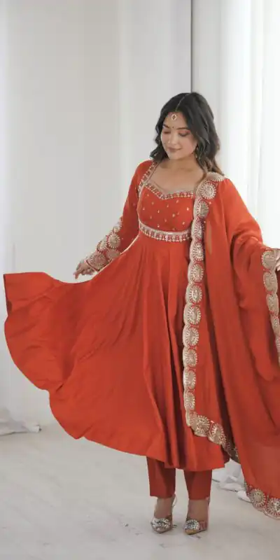 ZF 5026 Orange Colour Roman Silk Salwar Suit with Embroidery Work. Best Price ₹2399. Delivery 4-6 Working Days. Shop now. | Anarkali Suits, Bollywood Anarkali, Creative-Anarkali, Designer Anarkali, Embroidered Anarkali, Party Wear Anarkali