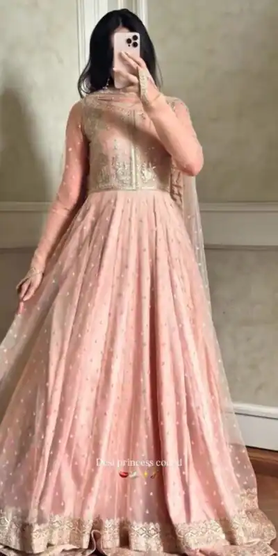 RTC 5991 Peach | Peach Faux Georgette Gown with Sequins Work. Festive Deal ₹2599. Delivery 4-6 Working Days. Online Shop now. | Bollywood Gowns, Creative Gowns, Designer Gowns, Embroidered Gowns, Gowns, Party Wear Gowns