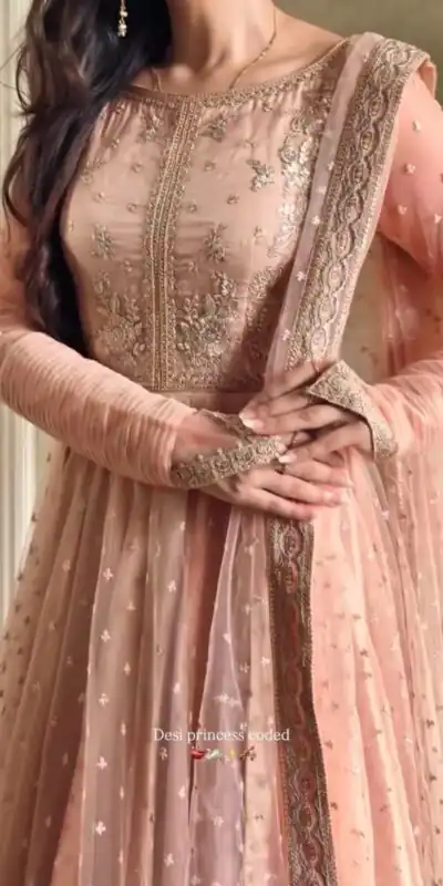 RTC 5991 Peach | Peach Faux Georgette Gown with Sequins Work. Festive Deal ₹2599. Delivery 4-6 Working Days. Online Shop now. | Bollywood Gowns, Creative Gowns, Designer Gowns, Embroidered Gowns, Gowns, Party Wear Gowns