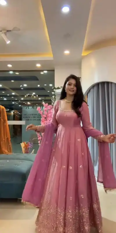 JF 052 Peach Fendy Silk Gown with Sequins Work & Thread Embroidery. Now at just ₹2399. Delivery 4-6 Working Days. Shop now. | Bollywood Gowns, Creative Gowns, Designer Gowns, Embroidered Gowns, Gowns, Party Wear Gowns