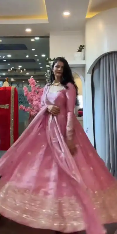 KD 1633 Pink | Pink Fendy Silk Gown with Sequins Work & Thread Embroidery. Now at just ₹2499. Delivery 4-6 Working Days. Shop now. | Bollywood Gowns, Creative Gowns, Designer Gowns, Embroidered Gowns, Gowns, Party Wear Gowns