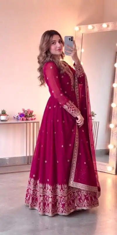 SSR 546 Pink in Georgette Embroidery Work & Sequins Work Gown . Get it for ₹2149. Delivery 4-6 Working Days. Online Shop now. | Bollywood Gowns, Creative Gowns, Designer Gowns, Embroidered Gowns, Gowns, Party Wear Gowns