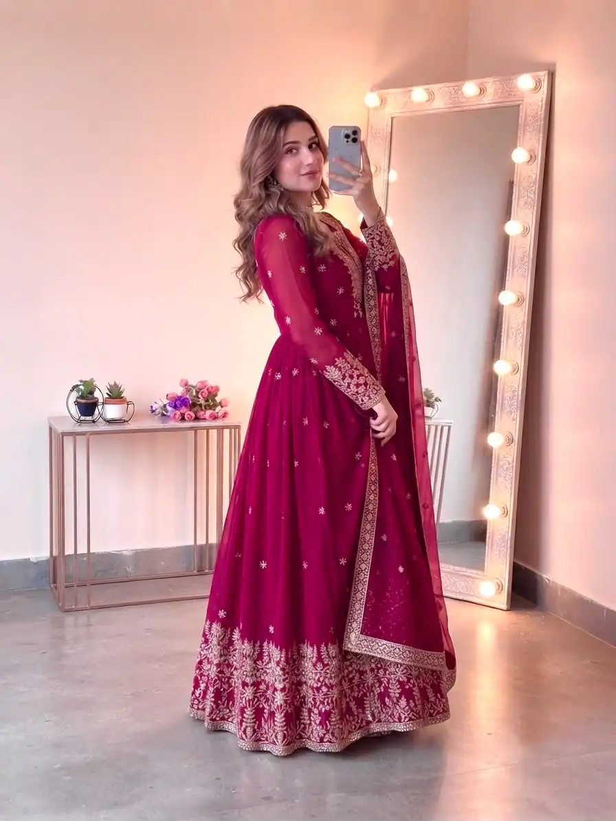 SSR 546 Pink in Georgette Embroidery Work & Sequins Work Gown . Get it for ₹2149. Delivery 4-6 Working Days. Online Shop now. | Bollywood Gowns, Creative Gowns, Designer Gowns, Embroidered Gowns, Gowns, Party Wear Gowns