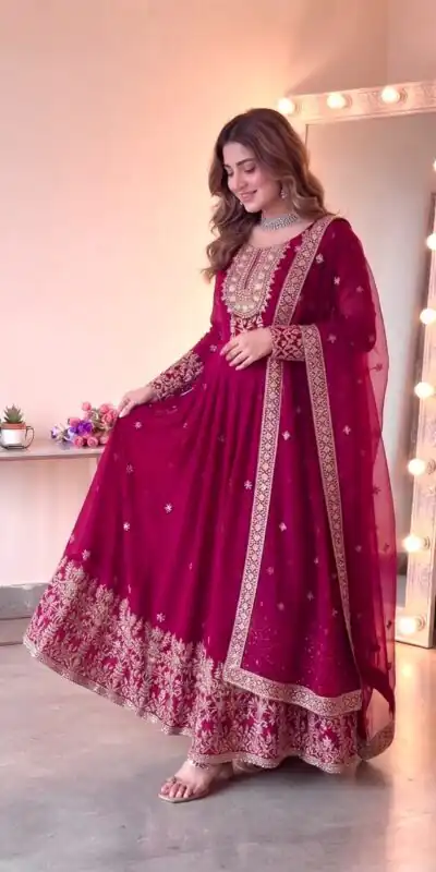 SSR 546 Pink in Georgette Embroidery Work & Sequins Work Gown . Get it for ₹2149. Delivery 4-6 Working Days. Online Shop now. | Bollywood Gowns, Creative Gowns, Designer Gowns, Embroidered Gowns, Gowns, Party Wear Gowns
