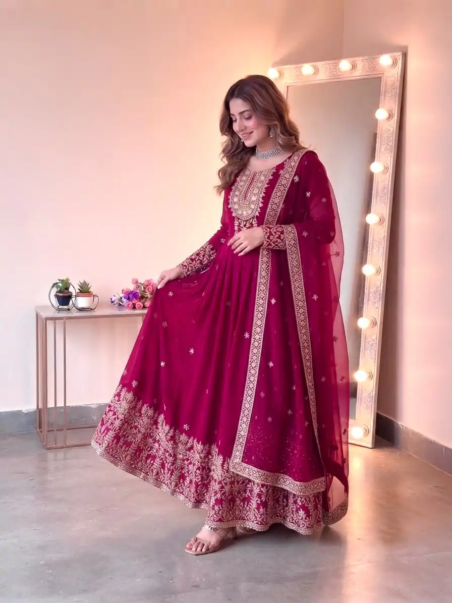 SSR 546 Pink in Georgette Embroidery Work & Sequins Work Gown . Get it for ₹2149. Delivery 4-6 Working Days. Online Shop now. | Bollywood Gowns, Creative Gowns, Designer Gowns, Embroidered Gowns, Gowns, Party Wear Gowns