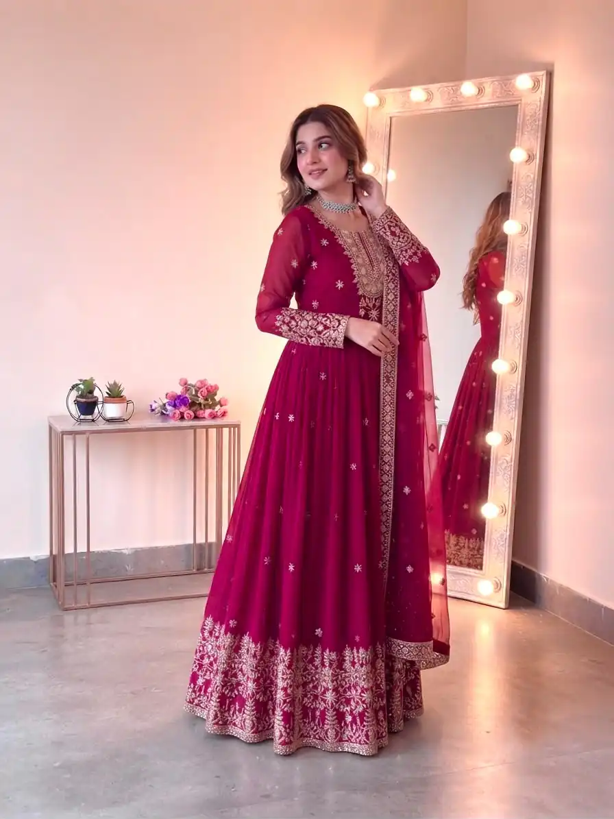 SSR 546 Pink in Georgette Embroidery Work & Sequins Work Gown . Get it for ₹2149. Delivery 4-6 Working Days. Online Shop now. | Bollywood Gowns, Creative Gowns, Designer Gowns, Embroidered Gowns, Gowns, Party Wear Gowns