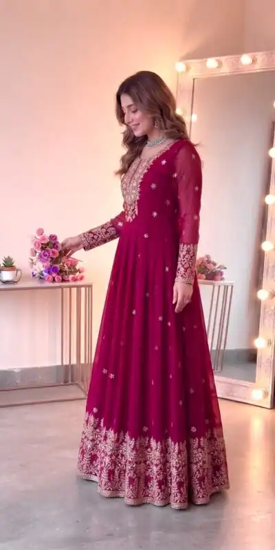 SSR 546 Pink in Georgette Embroidery Work & Sequins Work Gown . Get it for ₹2149. Delivery 4-6 Working Days. Online Shop now. | Bollywood Gowns, Creative Gowns, Designer Gowns, Embroidered Gowns, Gowns, Party Wear Gowns