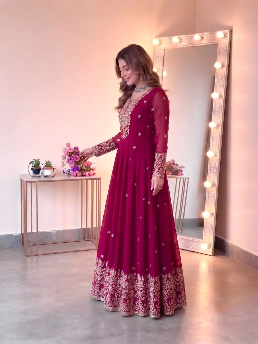 SSR 546 Pink in Georgette Embroidery Work & Sequins Work Gown . Get it for ₹2149. Delivery 4-6 Working Days. Online Shop now. | Bollywood Gowns, Creative Gowns, Designer Gowns, Embroidered Gowns, Gowns, Party Wear Gowns