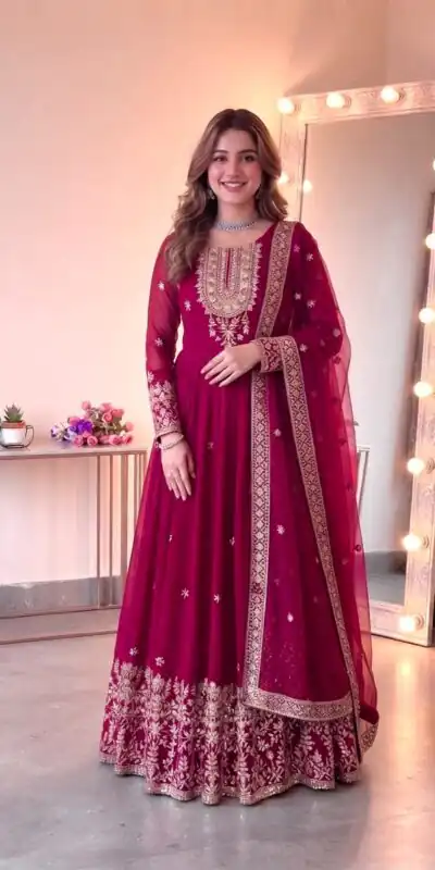 SSR 546 Pink in Georgette Embroidery Work & Sequins Work Gown . Get it for ₹2149. Delivery 4-6 Working Days. Online Shop now. | Bollywood Gowns, Creative Gowns, Designer Gowns, Embroidered Gowns, Gowns, Party Wear Gowns