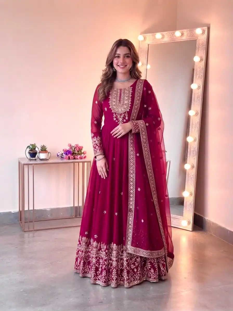 SSR 546 Pink in Georgette Embroidery Work & Sequins Work Gown . Get it for ₹2149. Delivery 4-6 Working Days. Online Shop now. | Bollywood Gowns, Creative Gowns, Designer Gowns, Embroidered Gowns, Gowns, Party Wear Gowns