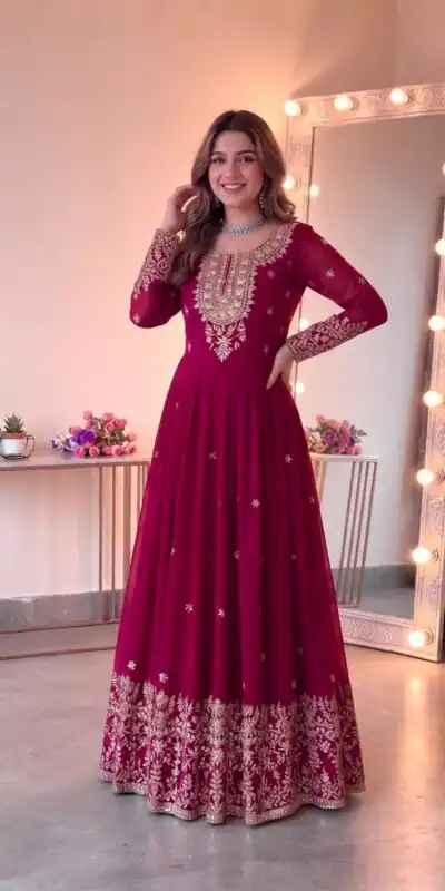 SSR 546 Pink in Georgette Embroidery Work & Sequins Work Gown . Get it for ₹2149. Delivery 4-6 Working Days. Online Shop now. | Bollywood Gowns, Creative Gowns, Designer Gowns, Embroidered Gowns, Gowns, Party Wear Gowns