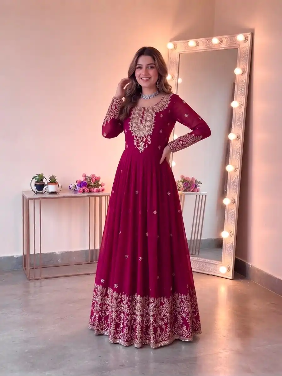 SSR 546 Pink in Georgette Embroidery Work & Sequins Work Gown . Get it for ₹2149. Delivery 4-6 Working Days. Online Shop now. | Bollywood Gowns, Creative Gowns, Designer Gowns, Embroidered Gowns, Gowns, Party Wear Gowns