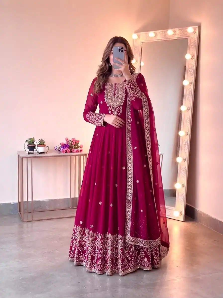 SSR 546 Pink in Georgette Embroidery Work & Sequins Work Gown . Get it for ₹2149. Delivery 4-6 Working Days. Online Shop now. | Bollywood Gowns, Creative Gowns, Designer Gowns, Embroidered Gowns, Gowns, Party Wear Gowns