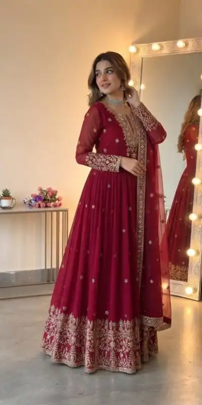 SSR 546 Red in Georgette Embroidery Work & Sequins Work Gown . Get it for ₹2149. Delivery 4-6 Working Days. Online Shop now. | Bollywood Gowns, Creative Gowns, Designer Gowns, Embroidered Gowns, Gowns, Party Wear Gowns