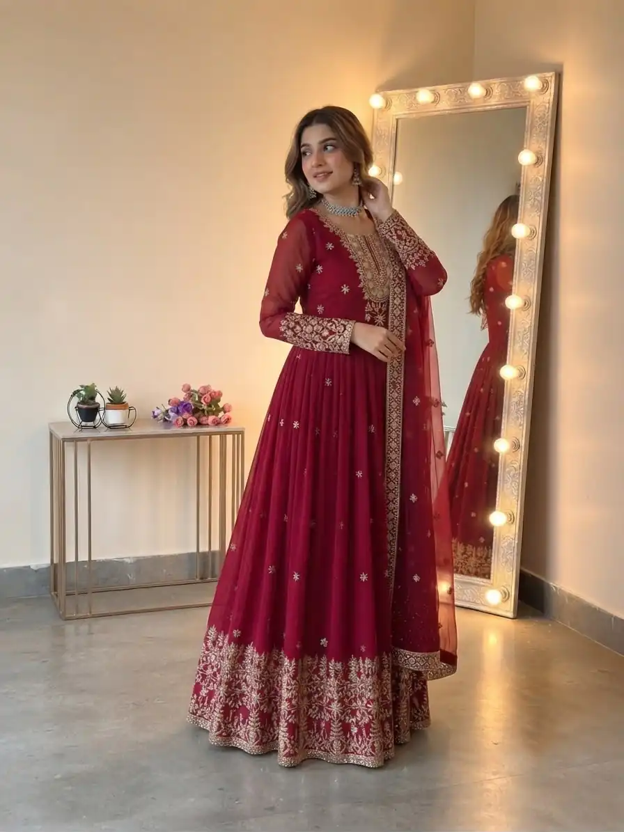 SSR 546 Red in Georgette Embroidery Work & Sequins Work Gown . Get it for ₹2149. Delivery 4-6 Working Days. Online Shop now. | Bollywood Gowns, Creative Gowns, Designer Gowns, Embroidered Gowns, Gowns, Party Wear Gowns