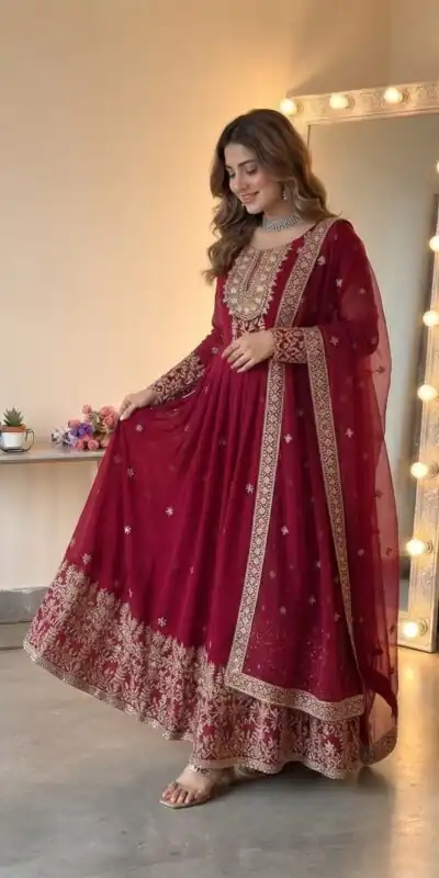 SSR 546 Red in Georgette Embroidery Work & Sequins Work Gown . Get it for ₹2149. Delivery 4-6 Working Days. Online Shop now. | Bollywood Gowns, Creative Gowns, Designer Gowns, Embroidered Gowns, Gowns, Party Wear Gowns