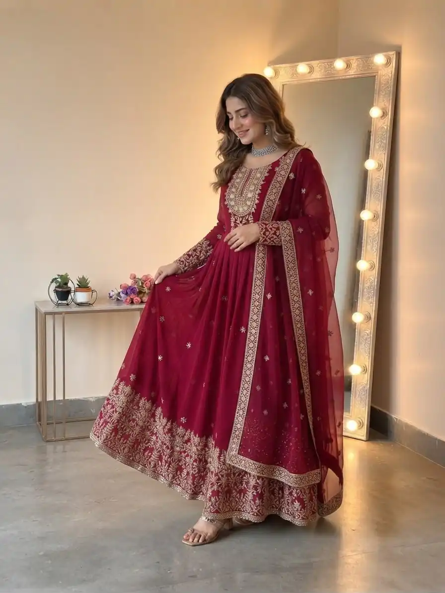 SSR 546 Red in Georgette Embroidery Work & Sequins Work Gown . Get it for ₹2149. Delivery 4-6 Working Days. Online Shop now. | Bollywood Gowns, Creative Gowns, Designer Gowns, Embroidered Gowns, Gowns, Party Wear Gowns