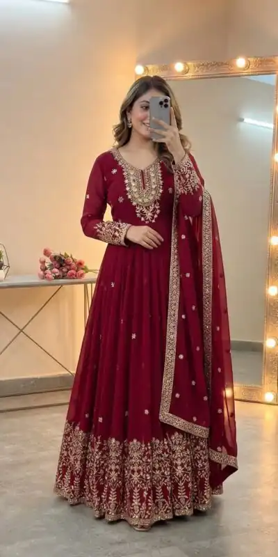 SSR 546 Red in Georgette Embroidery Work & Sequins Work Gown . Get it for ₹2149. Delivery 4-6 Working Days. Online Shop now. | Bollywood Gowns, Creative Gowns, Designer Gowns, Embroidered Gowns, Gowns, Party Wear Gowns
