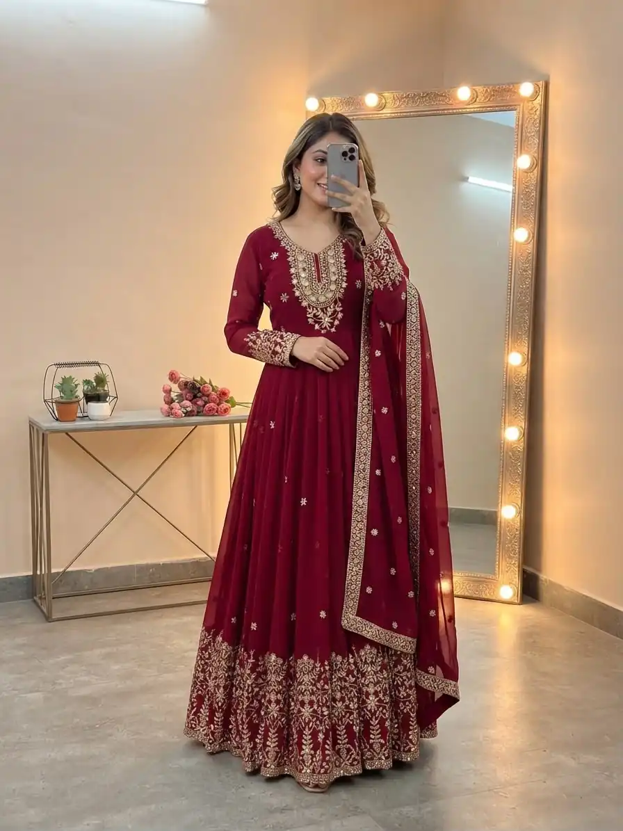 SSR 546 Red in Georgette Embroidery Work & Sequins Work Gown . Get it for ₹2149. Delivery 4-6 Working Days. Online Shop now. | Bollywood Gowns, Creative Gowns, Designer Gowns, Embroidered Gowns, Gowns, Party Wear Gowns