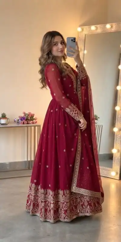 SSR 546 Red in Georgette Embroidery Work & Sequins Work Gown . Get it for ₹2149. Delivery 4-6 Working Days. Online Shop now. | Bollywood Gowns, Creative Gowns, Designer Gowns, Embroidered Gowns, Gowns, Party Wear Gowns