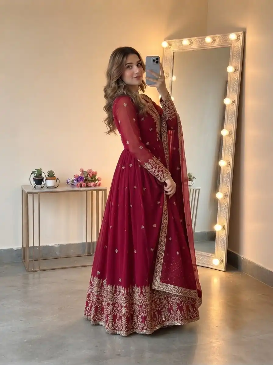 SSR 546 Red in Georgette Embroidery Work & Sequins Work Gown . Get it for ₹2149. Delivery 4-6 Working Days. Online Shop now. | Bollywood Gowns, Creative Gowns, Designer Gowns, Embroidered Gowns, Gowns, Party Wear Gowns