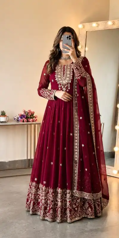 SSR 546 Red in Georgette Embroidery Work & Sequins Work Gown . Get it for ₹2149. Delivery 4-6 Working Days. Online Shop now. | Bollywood Gowns, Creative Gowns, Designer Gowns, Embroidered Gowns, Gowns, Party Wear Gowns