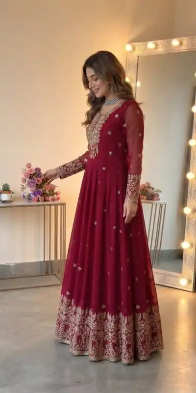 SSR 546 Red in Georgette Embroidery Work & Sequins Work Gown . Get it for ₹2149. Delivery 4-6 Working Days. Online Shop now. | Bollywood Gowns, Creative Gowns, Designer Gowns, Embroidered Gowns, Gowns, Party Wear Gowns