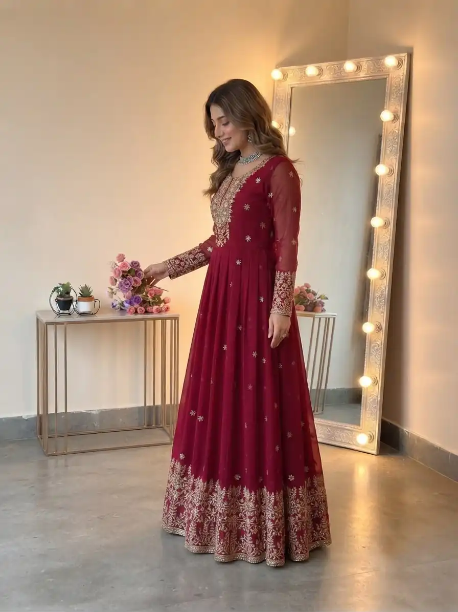SSR 546 Red in Georgette Embroidery Work & Sequins Work Gown . Get it for ₹2149. Delivery 4-6 Working Days. Online Shop now. | Bollywood Gowns, Creative Gowns, Designer Gowns, Embroidered Gowns, Gowns, Party Wear Gowns