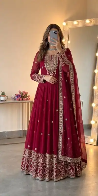 SSR 546 Red in Georgette Embroidery Work & Sequins Work Gown . Get it for ₹2149. Delivery 4-6 Working Days. Online Shop now. | Bollywood Gowns, Creative Gowns, Designer Gowns, Embroidered Gowns, Gowns, Party Wear Gowns