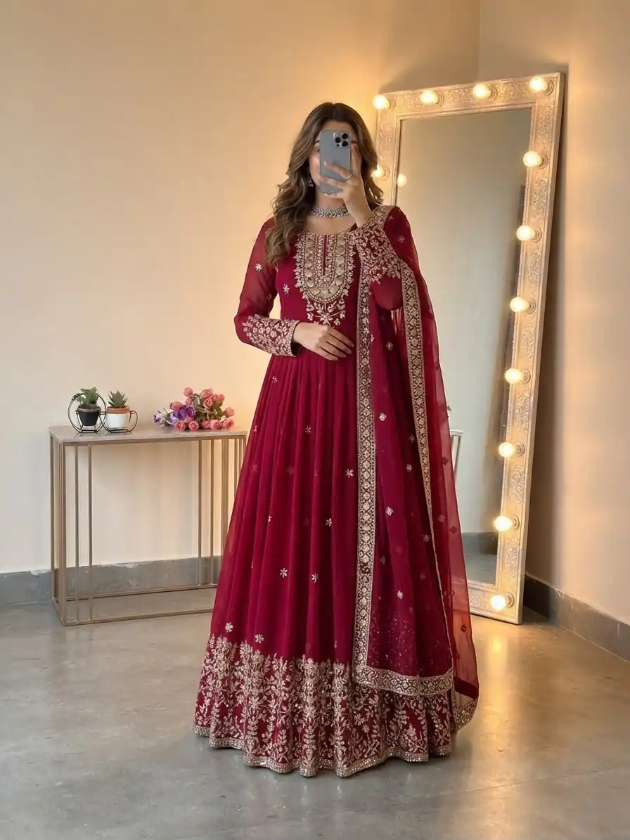 SSR 546 Red in Georgette Embroidery Work & Sequins Work Gown . Get it for ₹2149. Delivery 4-6 Working Days. Online Shop now. | Bollywood Gowns, Creative Gowns, Designer Gowns, Embroidered Gowns, Gowns, Party Wear Gowns