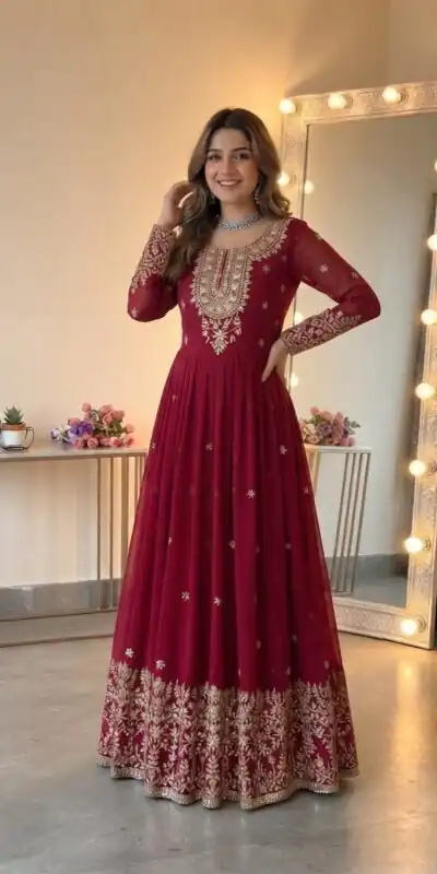 SSR 546 Red in Georgette Embroidery Work & Sequins Work Gown . Get it for ₹2149. Delivery 4-6 Working Days. Online Shop now. | Bollywood Gowns, Creative Gowns, Designer Gowns, Embroidered Gowns, Gowns, Party Wear Gowns